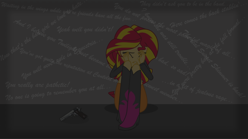 Size: 1920x1080 | Tagged: grimdark, artist:chameleonman55, banned from derpibooru, deleted from derpibooru, derpibooru import, sunset shimmer, equestria girls, bully, bullying, depressed, disembodied thoughts, gun, m1911, sad, suicidal, sunsad shimmer, weapon