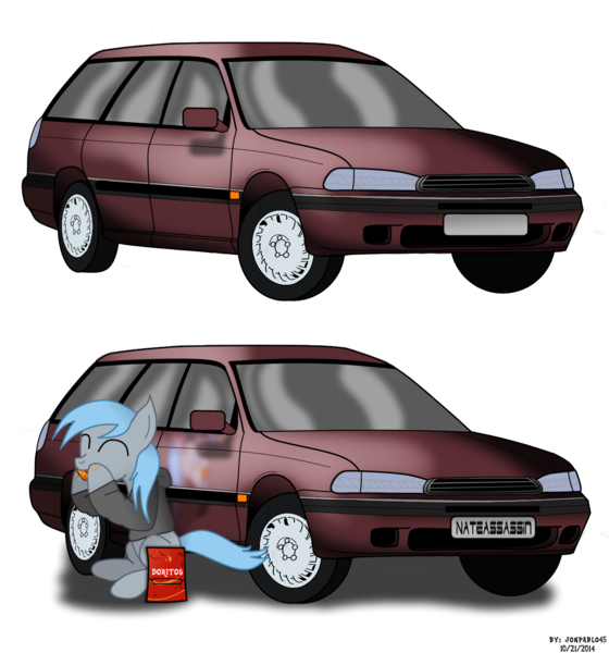 Size: 1221x1309 | Tagged: safe, artist:jonpablo45, banned from derpibooru, deleted from derpibooru, derpibooru import, oc, car, chips, doritos, food, subaru, subaru legacy