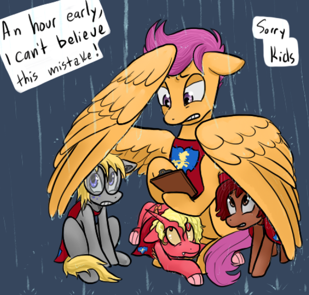 Size: 766x732 | Tagged: safe, artist:charlie-bad-touch, banned from derpibooru, deleted from derpibooru, derpibooru import, scootaloo, oc, dracony, dragon, hybrid, pony, older, rain