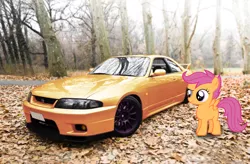 Size: 1600x1050 | Tagged: safe, artist:nsdrift, banned from derpibooru, deleted from derpibooru, derpibooru import, scootaloo, car, nissan, nissan skyline, skyline r33