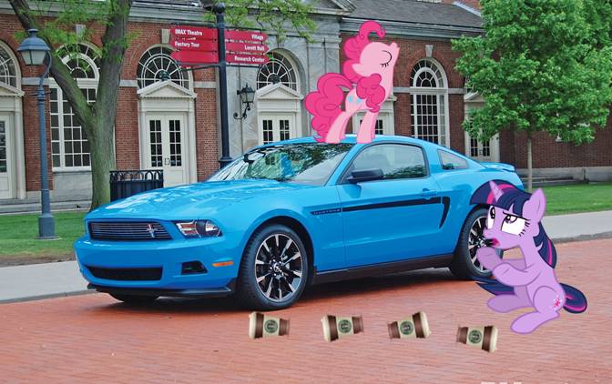 Size: 672x422 | Tagged: safe, artist:dontae98, banned from derpibooru, deleted from derpibooru, derpibooru import, pinkie pie, twilight sparkle, pony, car, coffee, ford, irl, mustang, photo, ponies in real life, shelby