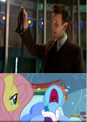 Size: 474x661 | Tagged: safe, banned from derpibooru, deleted from derpibooru, derpibooru import, fluttershy, rainbow dash, crying, doctor who, eleventh doctor, exploitable meme, matt smith, meme, obligatory pony, rainbow dash's house, regeneration, tardis, the time of the doctor, time to say goodbye dash