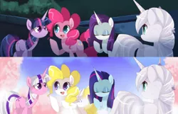 Size: 1280x826 | Tagged: safe, banned from derpibooru, deleted from derpibooru, derpibooru import, amethyst star, pinkie pie, princess silver swirl, rarity, surprise, twilight sparkle, g1, generation leap