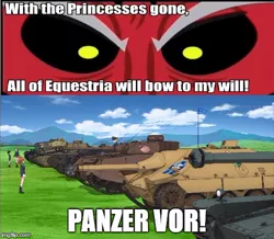 Size: 490x427 | Tagged: safe, banned from derpibooru, deleted from derpibooru, derpibooru import, lord tirek, exploitable meme, girls und panzer, hetzer, meme, panzer iv, stug iii, tank (vehicle), tirek is doomed, tirek vs everyone meme