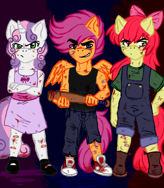 Size: 700x800 | Tagged: safe, artist:toxicscootaloo, banned from derpibooru, deleted from derpibooru, derpibooru import, apple bloom, scootaloo, sweetie belle, anthro, baseball bat, blood, clothes, cutie mark crusaders, delinquent, dress, rule 63, scooteroll