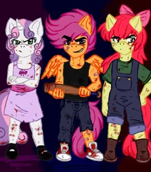 Size: 700x800 | Tagged: safe, artist:toxicscootaloo, banned from derpibooru, deleted from derpibooru, derpibooru import, apple bloom, scootaloo, sweetie belle, anthro, baseball bat, blood, clothes, cutie mark crusaders, delinquent, dress, rule 63, scooteroll