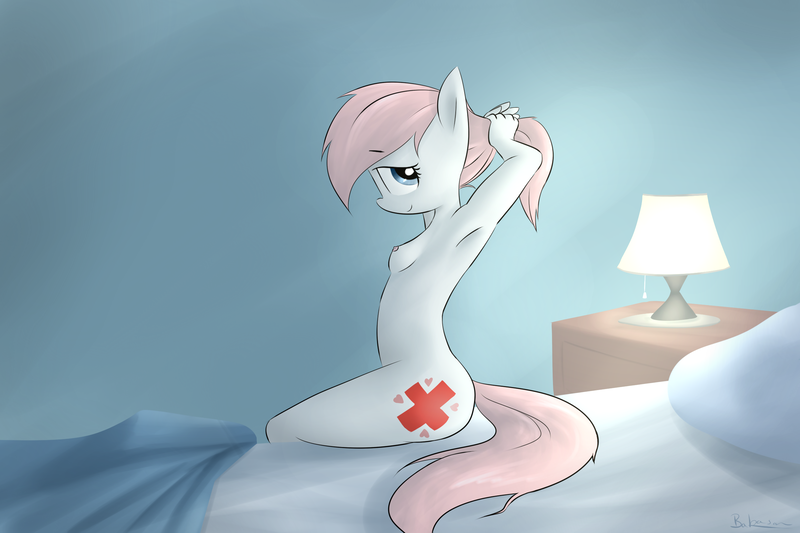 Size: 2400x1600 | Tagged: questionable, artist:bakasan, banned from derpibooru, deleted from derpibooru, derpibooru import, nurse redheart, anthro, aftersex, armpits, bed, breasts, delicious flat chest, female, morning after, nipples, nudity, solo, solo female
