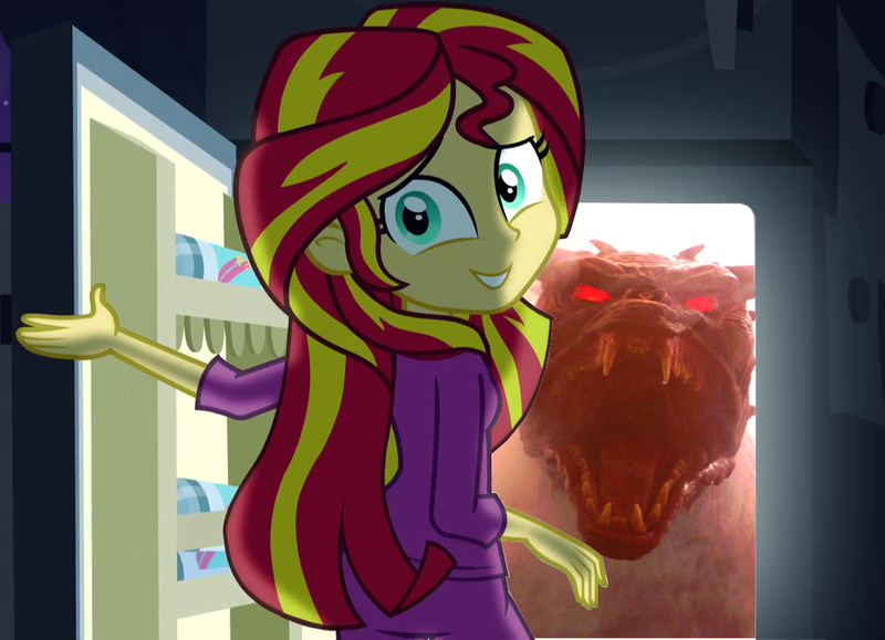 Size: 994x720 | Tagged: semi-grimdark, banned from derpibooru, deleted from derpibooru, derpibooru import, screencap, sunset shimmer, equestria girls, rainbow rocks, crossover, dark, exploitable meme, ghostbusters, meme, obligatory pony, pinkie's refrigerator, zuul