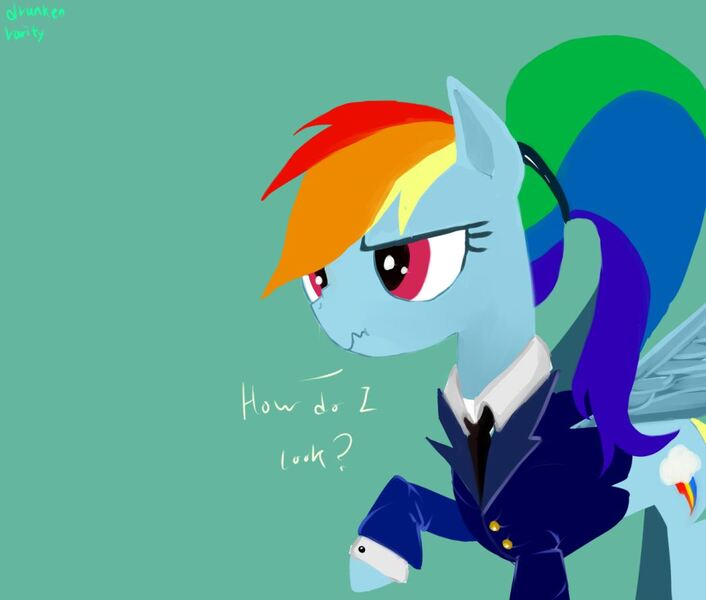 Size: 1046x889 | Tagged: safe, artist:drunken rarity, banned from derpibooru, deleted from derpibooru, derpibooru import, rainbow dash, alternate hairstyle, rainbow dash always dresses in style, scrunchy face, solo