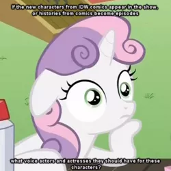 Size: 500x500 | Tagged: safe, banned from derpibooru, deleted from derpibooru, derpibooru import, idw, sweetie belle, caption, exploitable meme, image macro, meme, obligatory pony, sudden clarity sweetie belle, text, voice actor