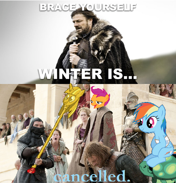 Size: 576x599 | Tagged: semi-grimdark, banned from derpibooru, deleted from derpibooru, derpibooru import, rainbow dash, tank, tanks for the memories, chickun, execution, exploitable meme, faic, forced meme, game of thrones, meme, ned stark, scepter, twilight scepter, winter is coming