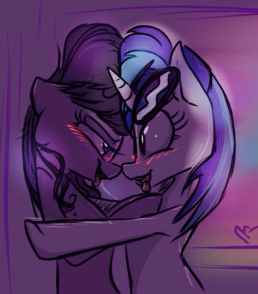 Size: 900x1024 | Tagged: suggestive, artist:imarieu, banned from derpibooru, deleted from derpibooru, derpibooru import, octavia melody, vinyl scratch, blushing, drool, drool string, female, lesbian, scratchtavia, shipping