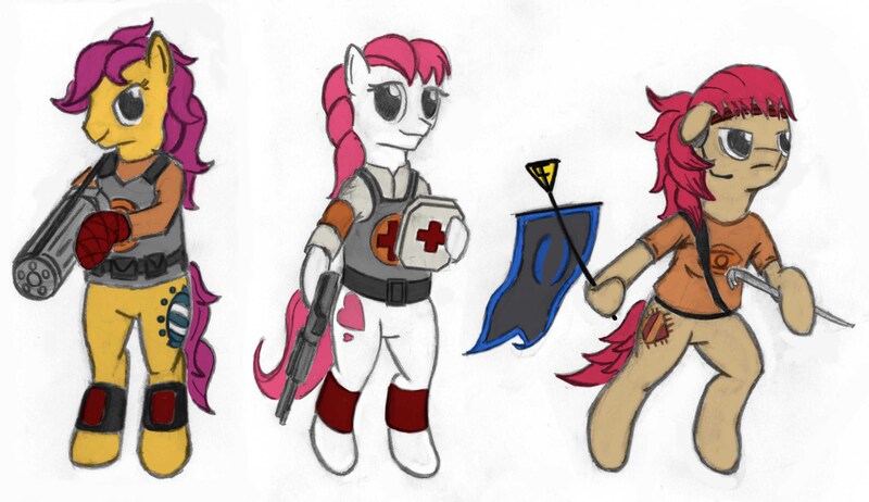 Size: 2583x1491 | Tagged: safe, artist:puzzljab, banned from derpibooru, deleted from derpibooru, derpibooru import, bon bon, sweetheart, sweetie drops, my little pony tales, crossover, flag, g1, heavy, medic, patch, scout, team fortress classic