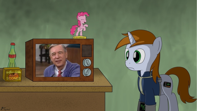 Size: 1275x718 | Tagged: safe, banned from derpibooru, deleted from derpibooru, derpibooru import, oc, oc:littlepip, fallout equestria, exploitable meme, littlepip's televison meme, meme, mister rogers, tv meme