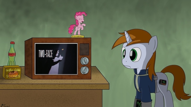 Size: 1270x712 | Tagged: safe, banned from derpibooru, deleted from derpibooru, derpibooru import, oc, oc:littlepip, fallout equestria, batman the animated series, exploitable meme, littlepip's televison meme, meme, title card, tv meme, two-face