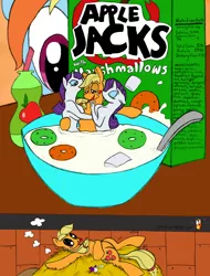 Size: 2488x3267 | Tagged: suggestive, artist:splashybacon, banned from derpibooru, deleted from derpibooru, derpibooru import, applejack, rainbow dash, rarity, anthro, pony, anthro on pony action, applejacks cereal, cereal, comic, double trouble, female, food, hallucination, interspecies, lesbian, rarijack, shipping, size difference, tiny, tiny ponies