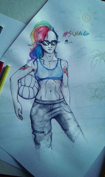 Size: 569x960 | Tagged: suggestive, artist:melodysonyezgi, banned from derpibooru, deleted from derpibooru, derpibooru import, rainbow dash, human, armpits, beach, beach ball, belly button, clothes, humanized, midriff, sports bra, swag