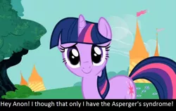 Size: 1020x644 | Tagged: safe, banned from derpibooru, deleted from derpibooru, derpibooru import, screencap, twilight sparkle, oc, oc:anon, asperger's syndrome, bronybait, caption, meta, solo