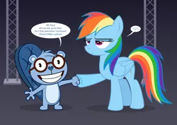 Size: 1378x974 | Tagged: safe, artist:culu-bluebeaver, banned from derpibooru, deleted from derpibooru, derpibooru import, rainbow dash, oc, oc:culu, beaver, pegasus, pony, behind the scenes, crossover, duo, fist bump, happy tree friends, hoofbump, image, non-mlp oc, png, rainbow dash is not amused, unamused