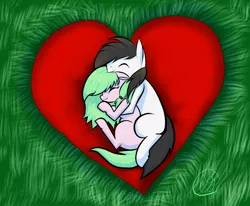 Size: 985x812 | Tagged: safe, artist:php38, banned from derpibooru, deleted from derpibooru, derpibooru import, oc, oc:cg, oc:meggleskisses, unofficial characters only, grass, heart, shipping, snuggling