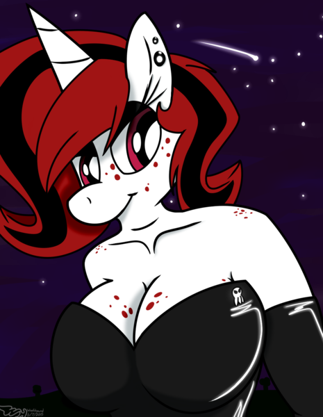 Size: 1018x1313 | Tagged: safe, artist:xwoofyhoundx, banned from derpibooru, deleted from derpibooru, derpibooru import, oc, oc:lilith, unofficial characters only, anthro, big breasts, breasts, freckles, night, night sky, piercing, sky, solo