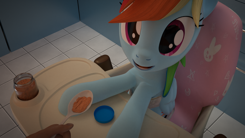 Size: 1920x1080 | Tagged: questionable, artist:llimuc, banned from derpibooru, deleted from derpibooru, derpibooru import, rainbow dash, 3d, adult foal, blender, diaper, diaper fetish, fetish, highchair, not sfm