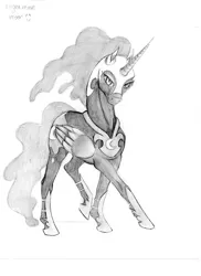 Size: 2550x3509 | Tagged: safe, artist:astralanomaly, banned from derpibooru, deleted from derpibooru, derpibooru import, nightmare moon, grayscale, monochrome, solo, traditional art