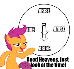 Size: 520x480 | Tagged: safe, banned from derpibooru, deleted from derpibooru, derpibooru import, scootaloo, arise, chickun, clock, exploitable meme, faic, forced meme, just look at the time, meme