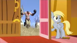 Size: 1273x706 | Tagged: safe, banned from derpibooru, deleted from derpibooru, derpibooru import, derpy hooves, slice of life (episode), beheaded kamikaze, derpy's door, exploitable meme, meme, obligatory pony, serious sam