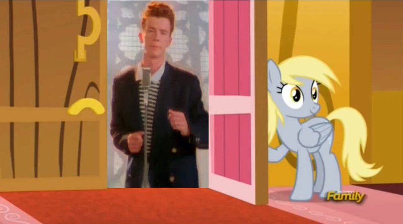 Size: 1273x706 | Tagged: safe, banned from derpibooru, deleted from derpibooru, derpibooru import, derpy hooves, slice of life (episode), derpy's door, exploitable meme, meme, obligatory pony, rickroll