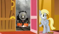 Size: 1324x764 | Tagged: safe, banned from derpibooru, deleted from derpibooru, derpibooru import, derpy hooves, slice of life (episode), derpy's door, exploitable meme, meme, obligatory pony, train