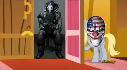 Size: 1273x706 | Tagged: safe, banned from derpibooru, deleted from derpibooru, derpibooru import, derpy hooves, slice of life (episode), bulldozer, dallas, derpy's door, exploitable meme, meme, obligatory pony, payday 2