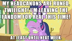 Size: 610x343 | Tagged: safe, banned from derpibooru, deleted from derpibooru, derpibooru import, spike, twilight sparkle, caption, crying, drama bait, headcanon, headcanon denied, image macro, leaving the fandom, meme, misspelling, text