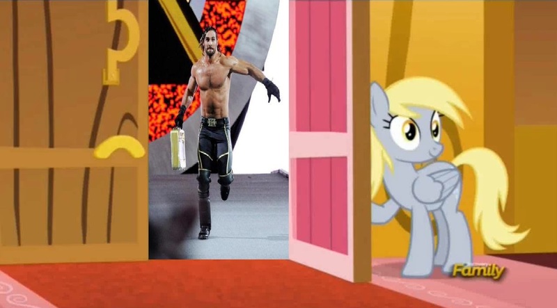 Size: 1271x704 | Tagged: safe, banned from derpibooru, deleted from derpibooru, derpibooru import, edit, derpy hooves, slice of life (episode), derpy's door, exploitable meme, meme, obligatory pony, seth rollins, wrestlemania, wwe