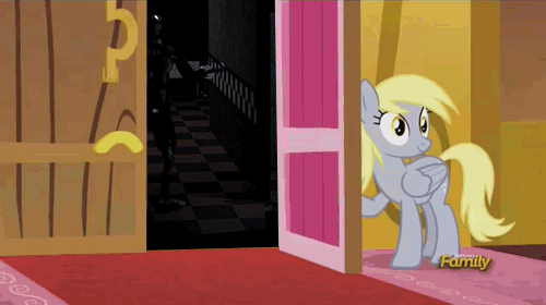 Size: 500x280 | Tagged: safe, banned from derpibooru, deleted from derpibooru, derpibooru import, edit, screencap, derpy hooves, slice of life (episode), animated, crossover, derpy's door, exploitable meme, five nights at freddy's, foxy, meme, obligatory pony