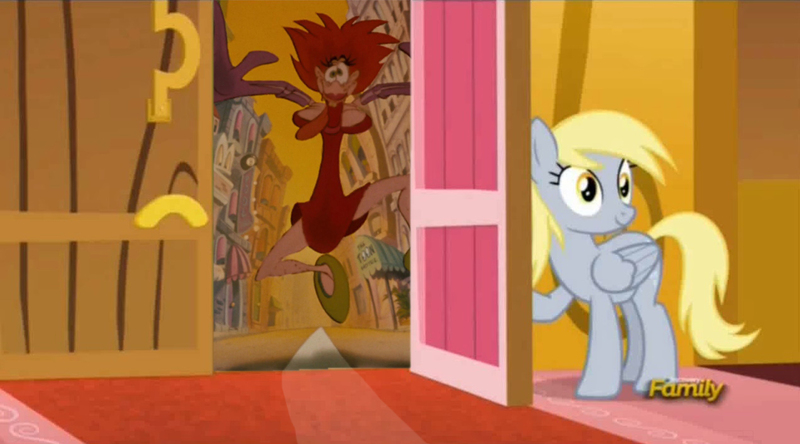 Size: 1273x706 | Tagged: safe, banned from derpibooru, deleted from derpibooru, derpibooru import, derpy hooves, slice of life (episode), derpy's door, exploitable meme, lena hyena, meme, obligatory pony, who framed roger rabbit