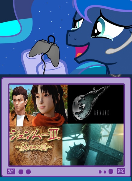 Size: 563x769 | Tagged: safe, banned from derpibooru, deleted from derpibooru, derpibooru import, princess luna, gamer luna, e3, exploitable meme, final fantasy, final fantasy vii, final fantasy vii remake, meme, obligatory pony, playstation 4, shenmue, shenmue 3, sony, tv meme