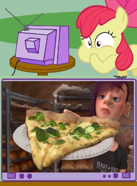 Size: 1078x1464 | Tagged: safe, banned from derpibooru, deleted from derpibooru, derpibooru import, apple bloom, broccoli, exploitable meme, food, inside out, meme, obligatory pony, pizza, tv meme