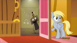 Size: 1273x706 | Tagged: safe, banned from derpibooru, deleted from derpibooru, derpibooru import, derpy hooves, slice of life (episode), birthday boy blam, derpy's door, exploitable meme, meme, obligatory pony, one night at flumpty's