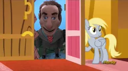 Size: 1273x706 | Tagged: safe, banned from derpibooru, deleted from derpibooru, derpibooru import, derpy hooves, slice of life (episode), derpy's door, exploitable meme, meme, obligatory pony, pee-wee's playhouse, salesman