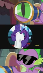 Size: 608x1024 | Tagged: suggestive, banned from derpibooru, deleted from derpibooru, derpibooru import, rainbow dash, rarity, spike, princess spike (episode), butt, meme, plot, spike's telescope, sunglasses, telescope, the ass was fat