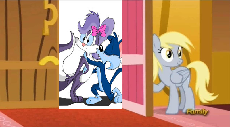 Size: 1272x710 | Tagged: safe, banned from derpibooru, deleted from derpibooru, derpibooru import, derpy hooves, slice of life (episode), derpy's door, exploitable meme, fifi la fume, furball, kissing, meme, obligatory pony, shipping, tiny toon adventures