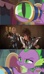 Size: 608x1024 | Tagged: safe, banned from derpibooru, deleted from derpibooru, derpibooru import, spike, princess spike (episode), cygnus hyoga, exploitable meme, meme, pegasus seiya, saint seiya, spike's telescope