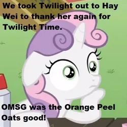 Size: 500x500 | Tagged: safe, banned from derpibooru, deleted from derpibooru, derpibooru import, sweetie belle, twilight time, caption, chinese text, exploitable meme, food, image macro, meme, msg, oats, obligatory pony, pei wei, sudden clarity sweetie belle, text