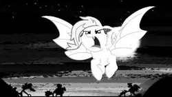 Size: 640x362 | Tagged: safe, banned from derpibooru, deleted from derpibooru, derpibooru import, screencap, fluttershy, bat pony, bats!, bat ponified, black and white, dark, flutterbat, grayscale, monochrome, race swap, solo