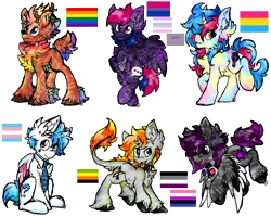 Size: 2528x2020 | Tagged: safe, artist:iroxykun, banned from derpibooru, deleted from derpibooru, derpibooru import, oc, oc:aerial ace, oc:flawless quartz, oc:muted duet, oc:pride rock, oc:silver arrow, oc:taro trot, unofficial characters only, classical unicorn, crystal pony, deer, pegasus, unicorn, cloven hooves, collar, cutie mark, female, flag, freckles, gay, horn, leonine tail, male, mirror, necktie, piercing, transgender, transparent, unshorn fetlocks, wings