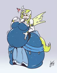 Size: 947x1200 | Tagged: suggestive, artist:daikanu, banned from derpibooru, deleted from derpibooru, derpibooru import, oc, unofficial characters only, anthro, changeling, belly, blushing, clothes, dress, female, hyper, hyper belly, hyper pregnancy, impossibly large belly, pregnant, solo, solo female