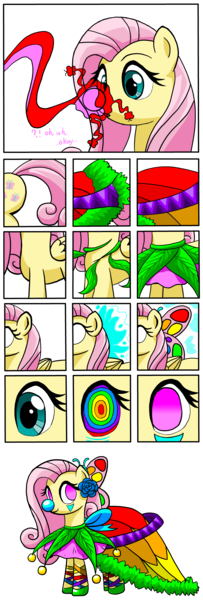 Size: 3280x9696 | Tagged: safe, artist:tf-circus, banned from derpibooru, deleted from derpibooru, derpibooru import, fluttershy, pegasus, clothes, clown, clown nose, comic, dress, female, hypnosis, magic, solo, sweetie smiles, transformation