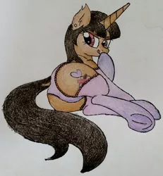 Size: 2946x3190 | Tagged: suggestive, artist:wintereousflame, banned from derpibooru, deleted from derpibooru, derpibooru import, oc, oc:spring beauty, alicorn, alicorn oc, butt, clothes, featureless crotch, female, horn, lingerie, plot, socks, solo, solo female, tongue out, traditional art, underhoof, wings