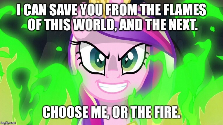 Size: 766x430 | Tagged: semi-grimdark, banned from derpibooru, deleted from derpibooru, derpibooru import, princess cadance, queen chrysalis, caption, fake cadance, fire, frollo, hunchback of notre dame, image macro, meme, text
